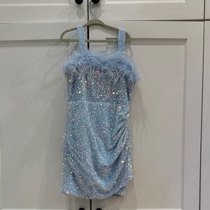 Light Blue Sequin Feather-Trim Dress for Girls